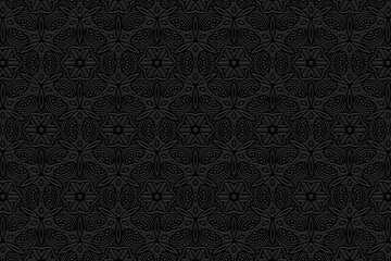 Embossed black background, ethnic cover design. Press paper, boho style, doodle and zentangle technique. Tribal geometric exotic 3d pattern. Motives of the East, Asia, India, Mexico, Aztecs, Peru.