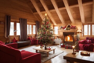 Fototapeta premium Spacious Christmas room with red interior sofas decorated with Christmas tree and gifts