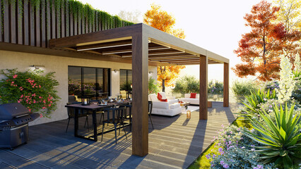 3d illustration of decor outdoor patio with teak wood pergola