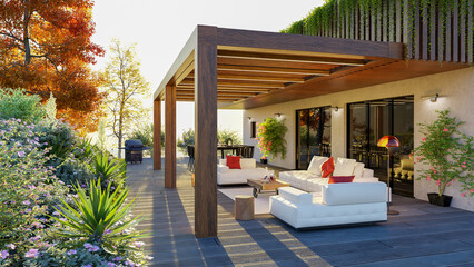 3d render of luxury private patio with teak wood pergola - obrazy, fototapety, plakaty