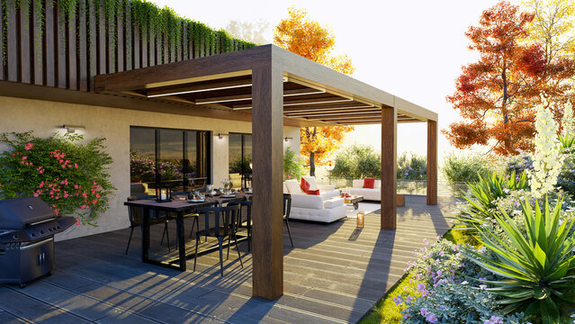 3d illustration of decor outdoor patio with teak wood pergola