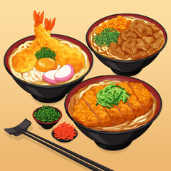 Japanese udon noodles soup recipe illustration vector. Japanese udon curry with crispy chicken. Asian Shrimp tempura udon noodle soup. Japanese food pork udon noodle soup. (Butaniku udon)