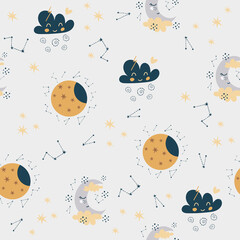 Seamless pattern of moon, clouds, constellations digital paper, for surface design, clothing