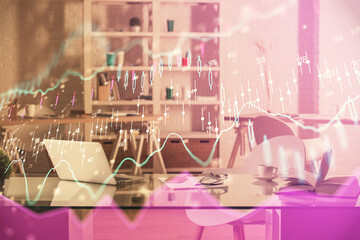 Multi exposure of stock market chart drawing and office interior background. Concept of financial analysis.