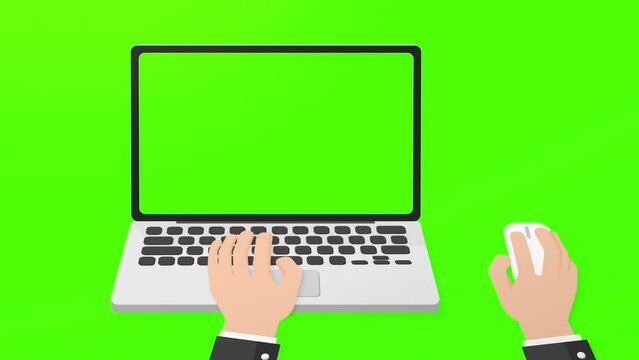 Graphic Businessman working on laptop keyboard pushing keys click mouse and phone on desk. on green screen. Office desk concept. on green screen