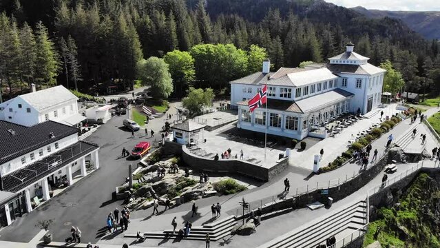 Aerial: Fløien restaurant in Bergen hill.