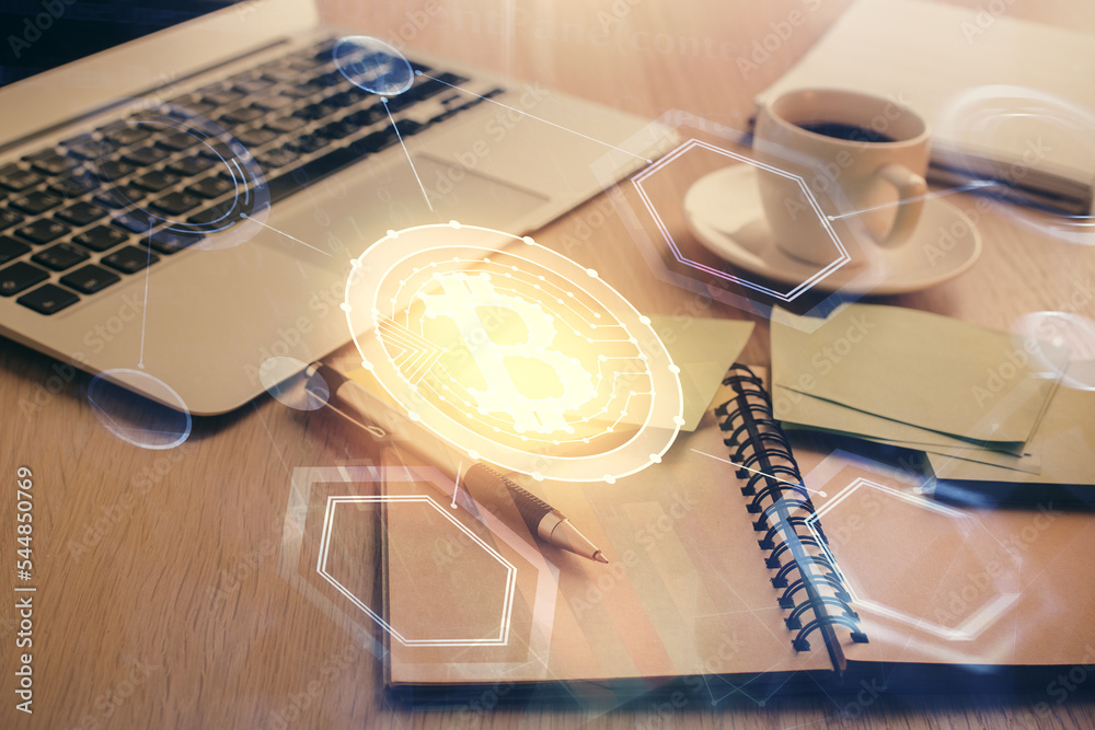Poster Double exposure of crypto technology drawing and desktop with coffee and items on table background. Concept of blockchain