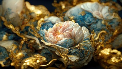 Abstract flowers Roses and Peony, gold, rose and blue, luxury background 
