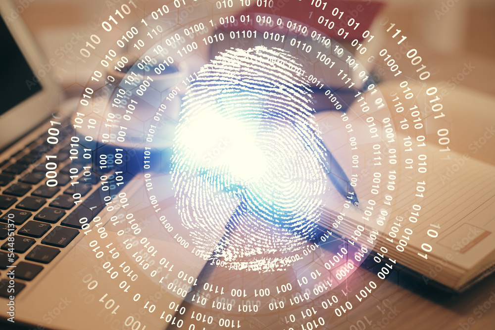 Poster Double exposure of fingerprint drawing and desktop with coffee and items on table background. Concept of security.