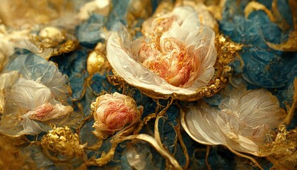 Abstract flowers Roses and Peony, gold, rose and blue, luxury background 