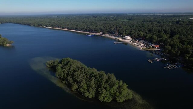 Island and peninsula aerial with Dutch lake landscape at sunrise natural environment with beach park
