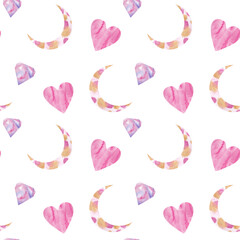 watercolor seamless pattern with pink moon, crescent, hearts and diamonds. For textile design, packaging, scrapbook, template and layouts. Valentine's day, love, romance. Illustration with silhouette.