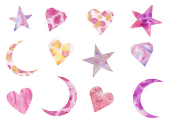 watercolor set with hearts,moon, diamonds, stars. Crescent. Pink, purple. Romantic vintage style. For decoration,design. Stamps on paper, postcards, textiles. For templates. Valentine's day, love.