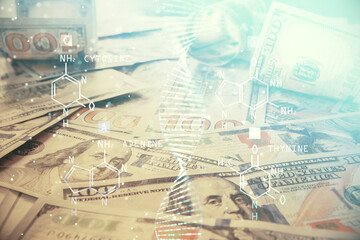 Double exposure of DNA drawing over usa dollars bill background. Concept of medical education.