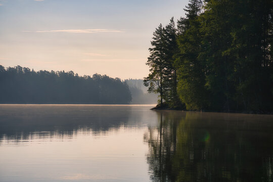 Stone rocks with conifers by the lake in Sweden in Smalland. Wild nature in Scandinavia