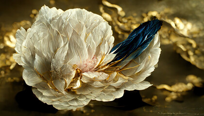 Peony flower wallpaper background, golden and blue tones 