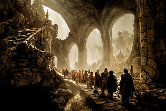AI generated image of a group of warrior dwarves entering a dangerous underground city of miners 