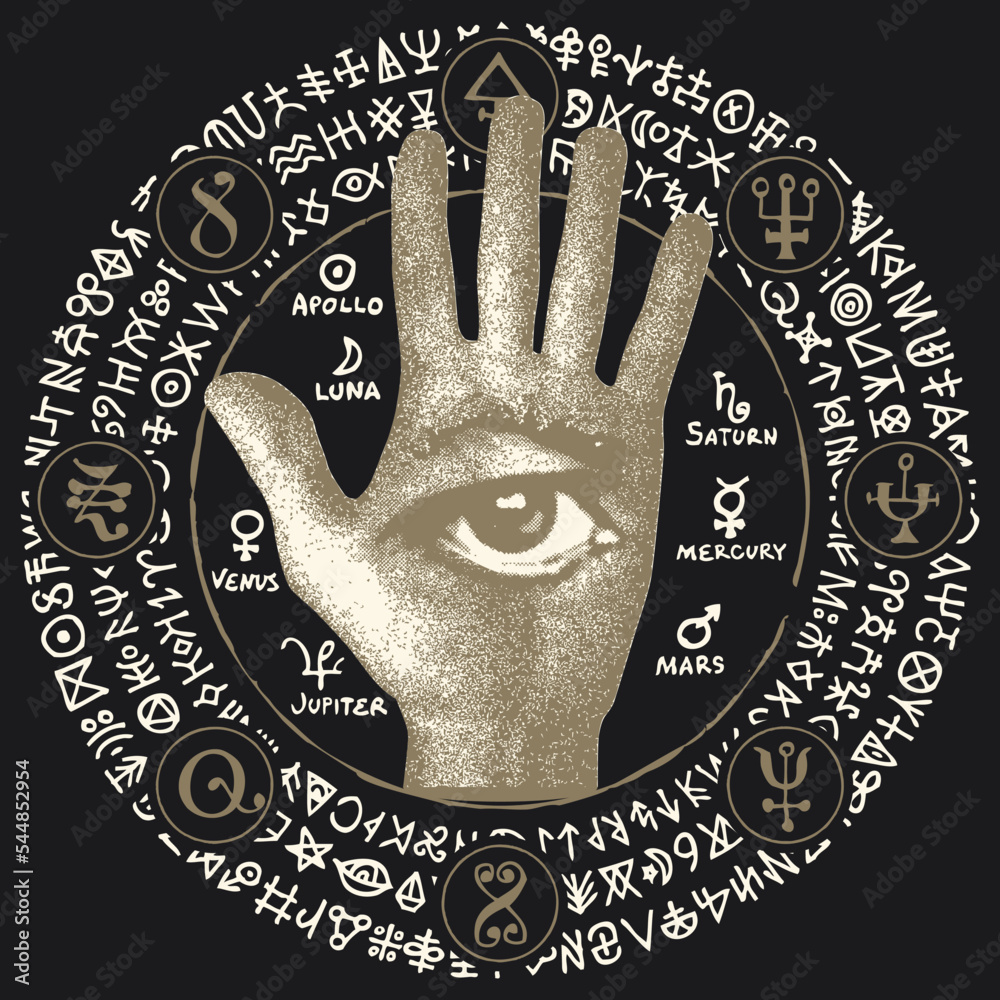 Wall mural occult round sign with a human hand with the masonic symbol of the all-seeing eye and runes. vector 