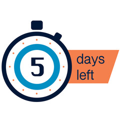 5 five days left label with alarm clock, promotion icon.