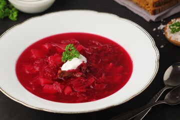 A plate with Ukrainian national dish - borsch	