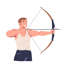 Man shooting with bow. Male shooter training in archery cartoon vector illustration