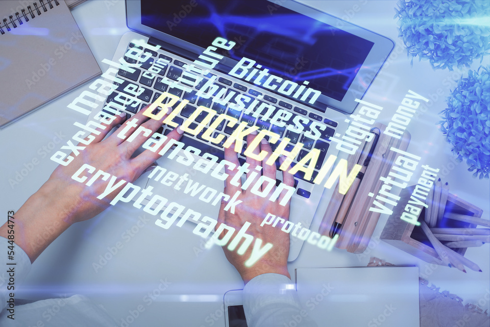 Aufkleber double exposure of woman hands working on computer and blockchain theme hologram drawing. top view. 