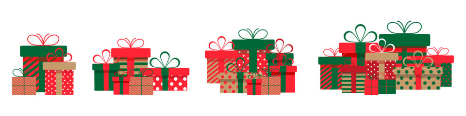 Set of christmas gift boxes with ribbons and bows.A pile of christmas gift boxes.Presents in colorful wrapping with ribbons.Gift boxes stack in flat style.