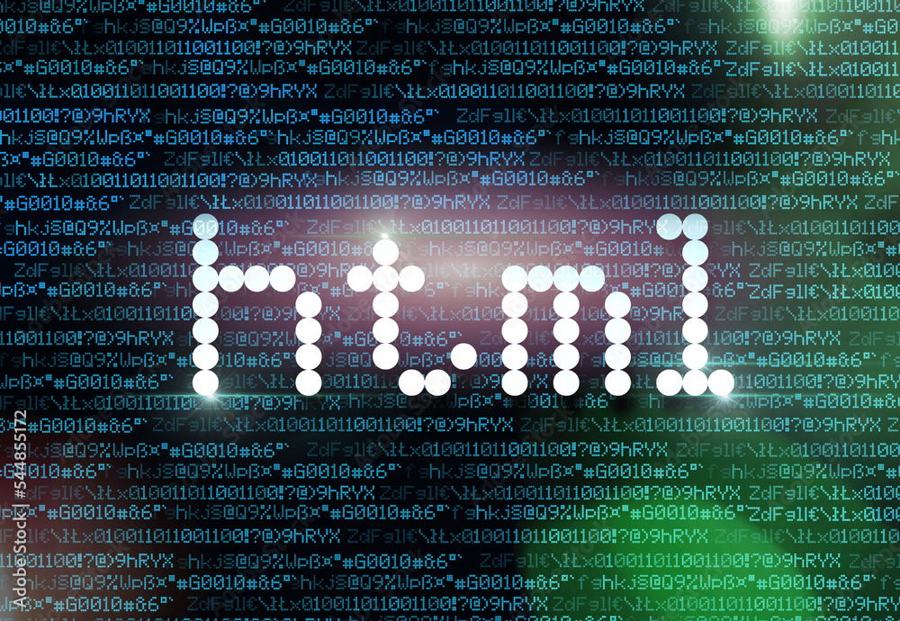 Poster word html on background computer screen with rain code
