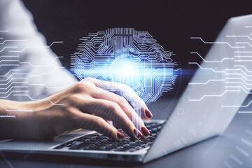 Multi exposure of woman hands working on computer and human brain hologram drawing. Ai tech concept.