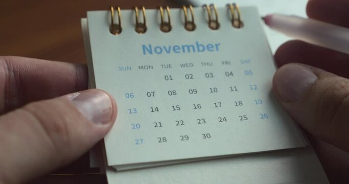 Deadline, meeting or important date. Event reminder. Day planning, organization and time management. Reminder and work plan. Man's hands holding a rollover calendar. Organization and time management.