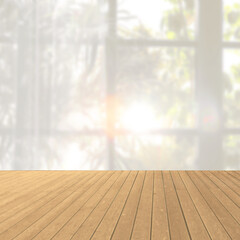 Empty wooden surface and blurred view of window