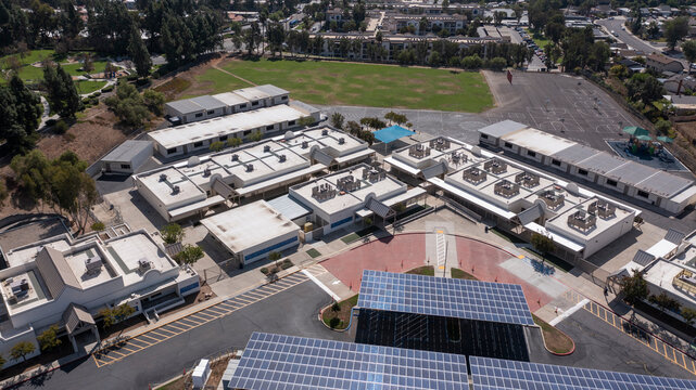 Aerial view of a public elementary school in San Marcos, California, USA.