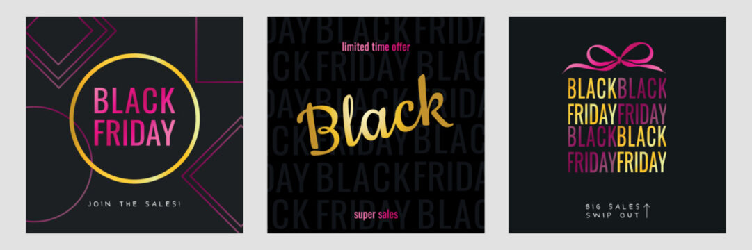 Set of Black friday's square banners for social media, leaflets, shops, web and more. In gold, gradient pinks, black and white. Lettering and text of offer sales and discounts. Modern geometry. 