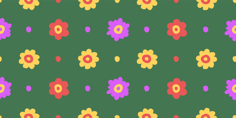 Hand drawn seamless flower vector background. Children drawing color flowers.
