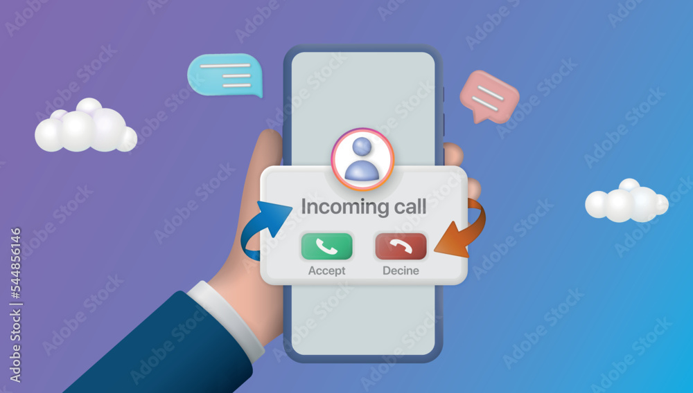 Poster incoming call on mobile phone. hand holding smartphone answer and decline buttons on screen.