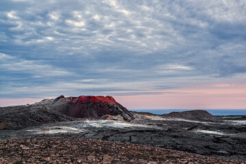 Fagradalsfjall volcanic at sunset in Reykjanes peninsula around 40 kilometres from Reykjavik,...