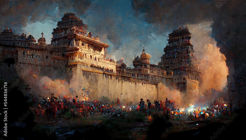 Wall mural AI generated image of a battle in progress between 2 ancient Indian armies, with one army laying siege to the fort of the other 