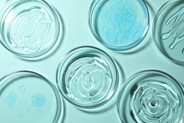 Petri dishes with liquids on turquoise background, flat lay