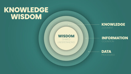 Knowledge Wisdom circle infographic template with icons has Wisdom (Shared understanding), Knowledge (Judgment), Information (Cognition), Data (Processing). DIKW knowledge management diagram vector.