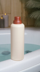 Beige bottle of bubble bath and candles on tub indoors