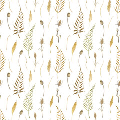 Seamless floral Pattern with meadow Dried Flowers on isolated background. Watercolor hand drawn illustration with wild plants and dry grass for textile and fabric design. Backdrop wrapping paper.