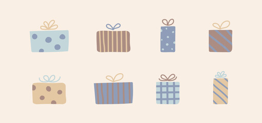 Design of Christmas icons - hand drawn present boxes. Vector