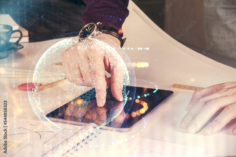 Poster Multi exposure of man's hands holding and using a digital device and map drawing. International business concept.