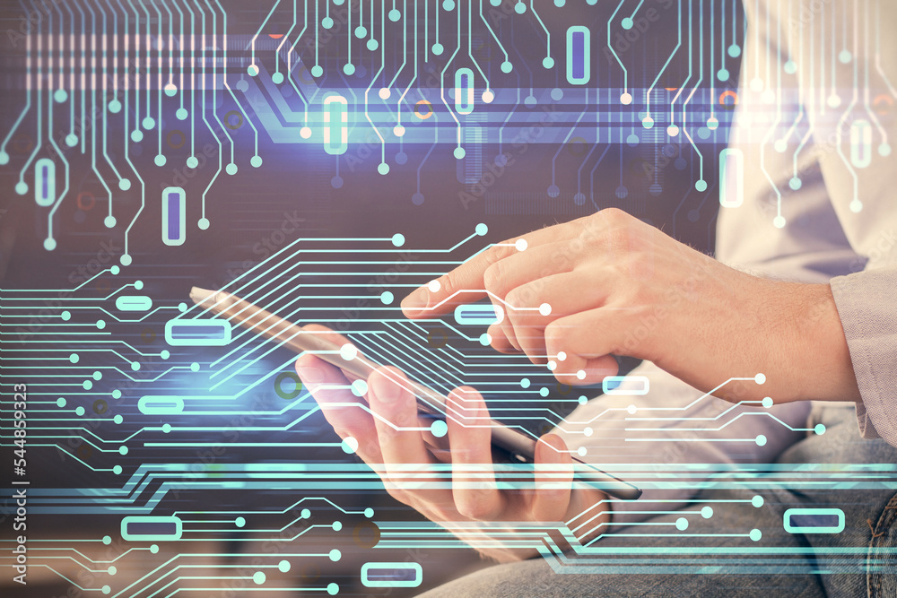 Poster Multi exposure of man's hand holding and using a digital device and data theme drawing. Innovation concept.