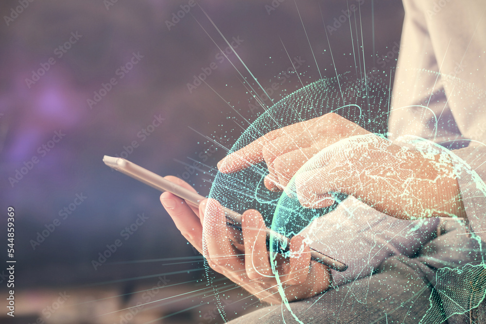 Poster double exposure of man's hands holding and using a phone and social network theme drawing.