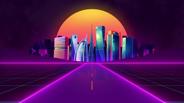 Dubai Night City Skyline Retro Style Animation, United Arab Emirates, Burj Khalifa skyscraper-filled skyline, (Looping Background), Party and DJ, Disco Background