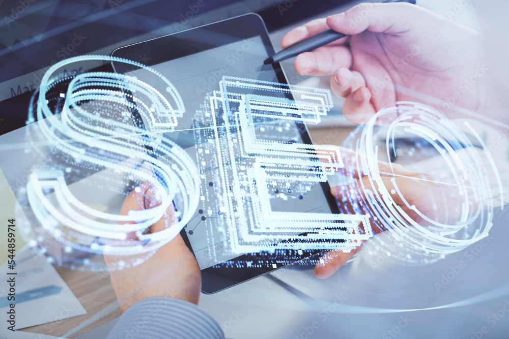 Poster Multi exposure of man's hands holding and using a digital device and seo drawing. search optimization concept.
