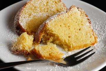 Close up of two pieces of homemade sponge cake on a plate