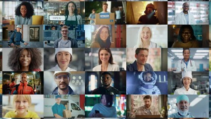 Stylish Zoom Out Montage of Smiling Caucasian Woman Becoming Part of Multi-Ethnic Group of People with Diverse Gender, Ethnicity Looking at Camera. Collection of Happy Portraits in Edited Collage