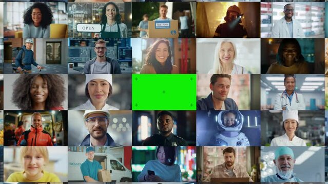 Green Chroma Key Screen Zoom Out On a Montage of Multi Ethnic Crowd of People with Diverse Gender, Ethnicity Looking at Camera. Collection of Happy Portraits in Edited Collage